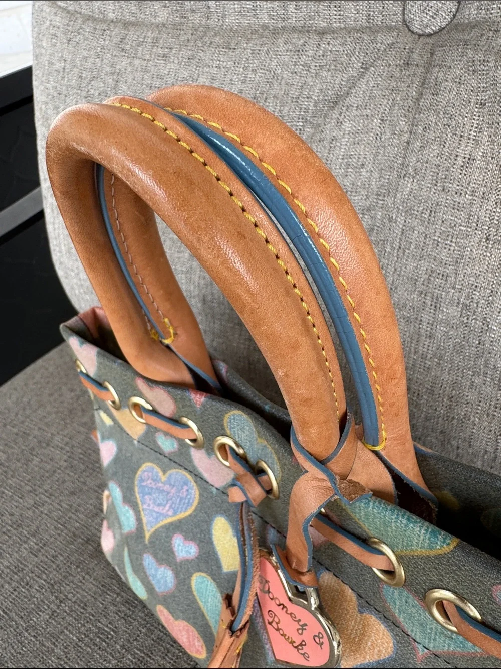 Vintage Dooney & Bourke Multicolor Heart Print Satchel with Tan Leather Handles